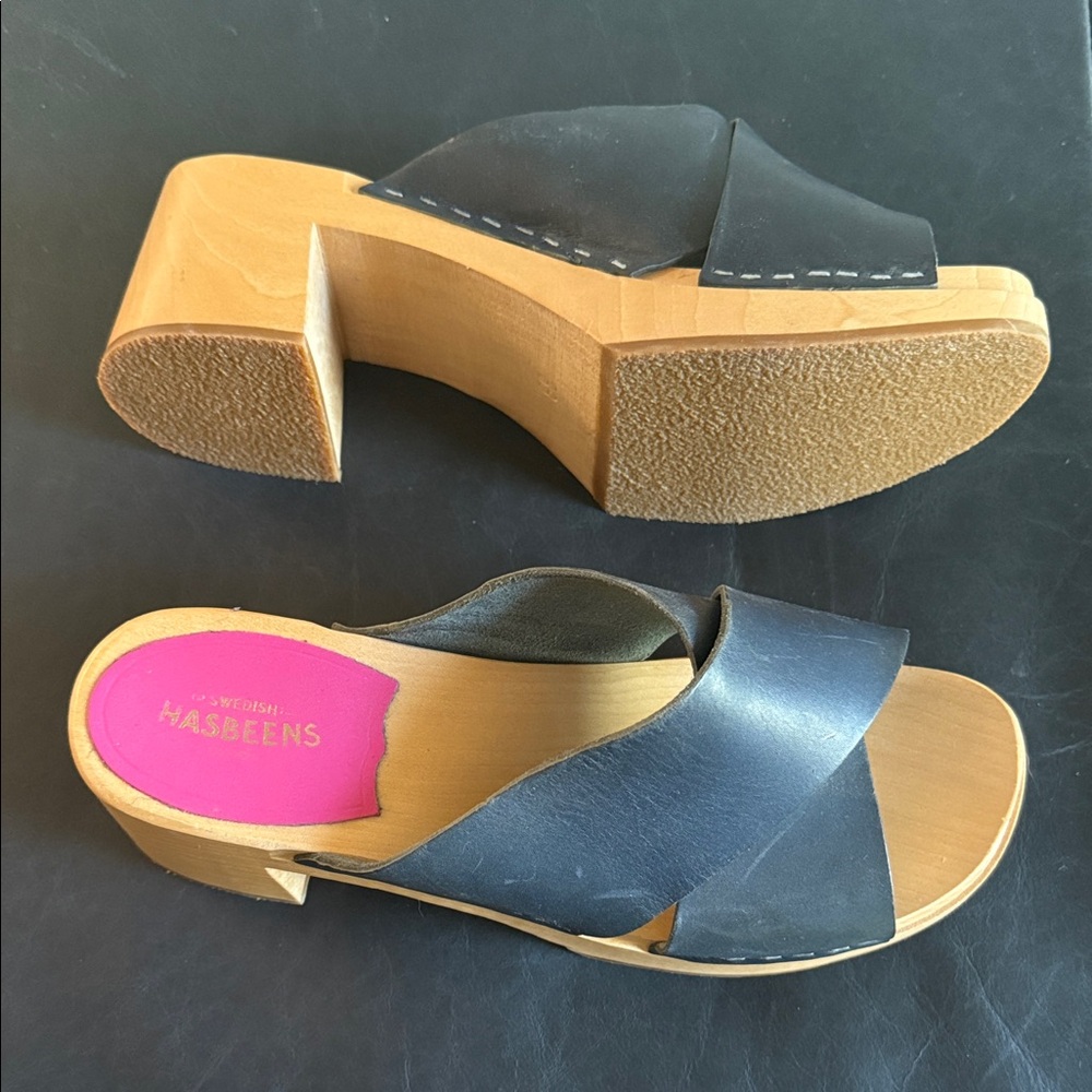 Swedish Hasbeens Black Leather Mules with Wooden Heel